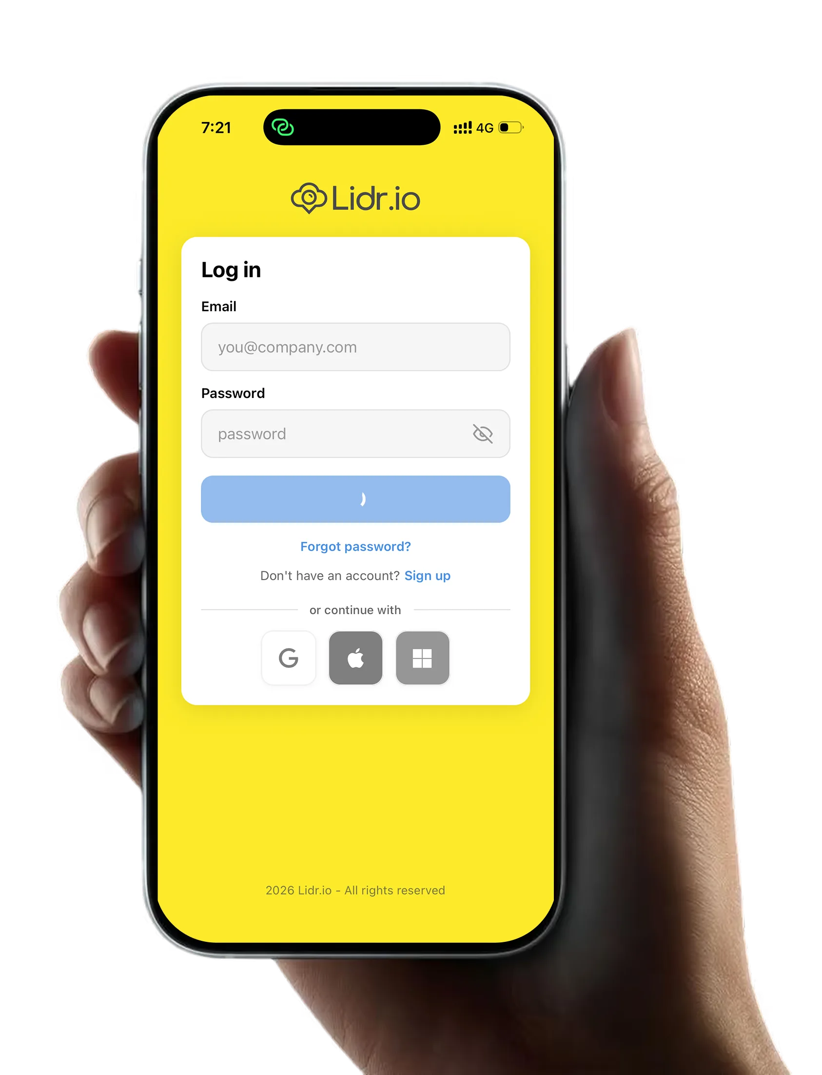 Hand holding a phone showing the Lidr.io app login screen
