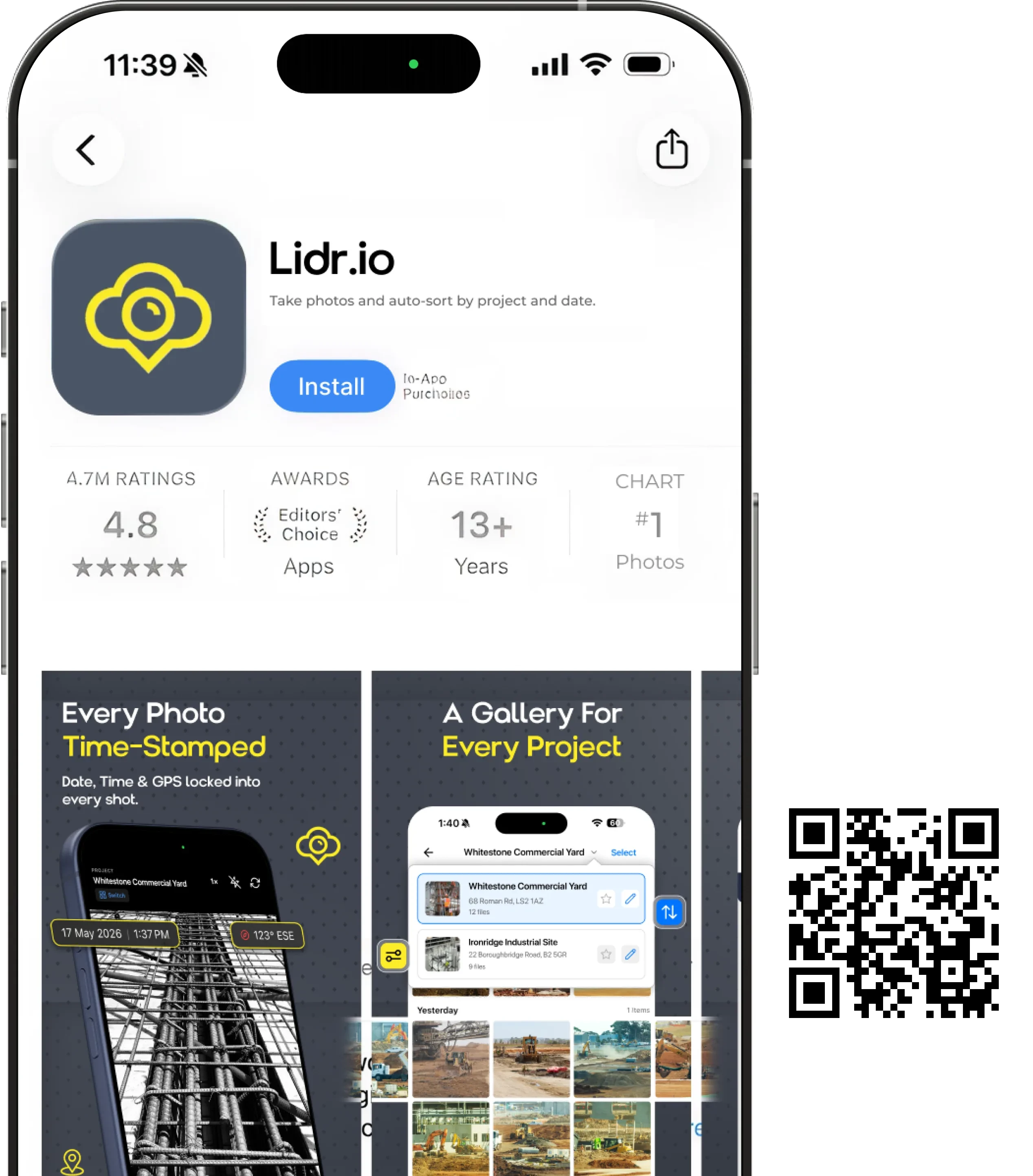 Lidr.io app screens with a scan-to-download QR code